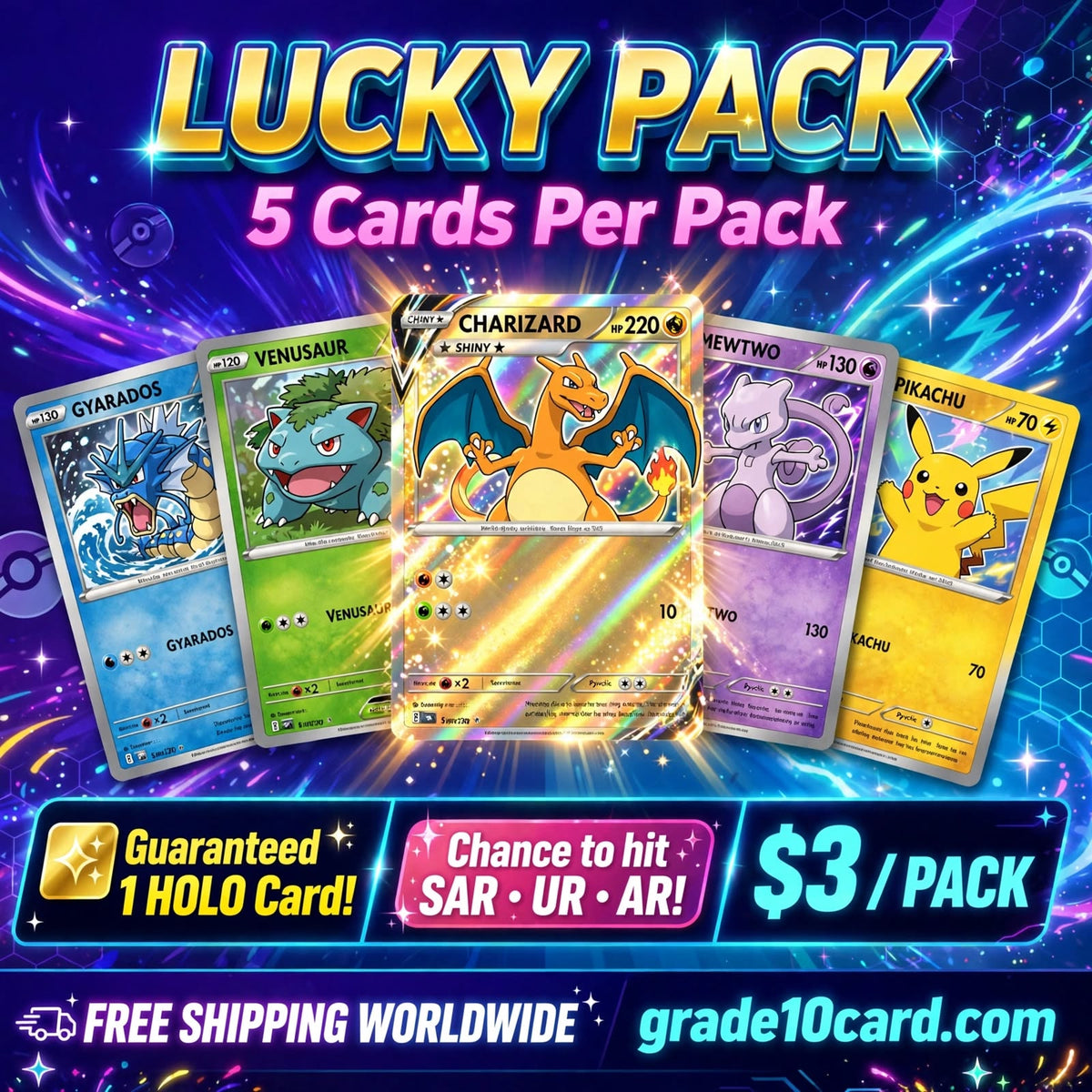 $3 Lucky Pack - 5 Cards - Guaranteed 1 HOLO - Free Shipping Worldwide